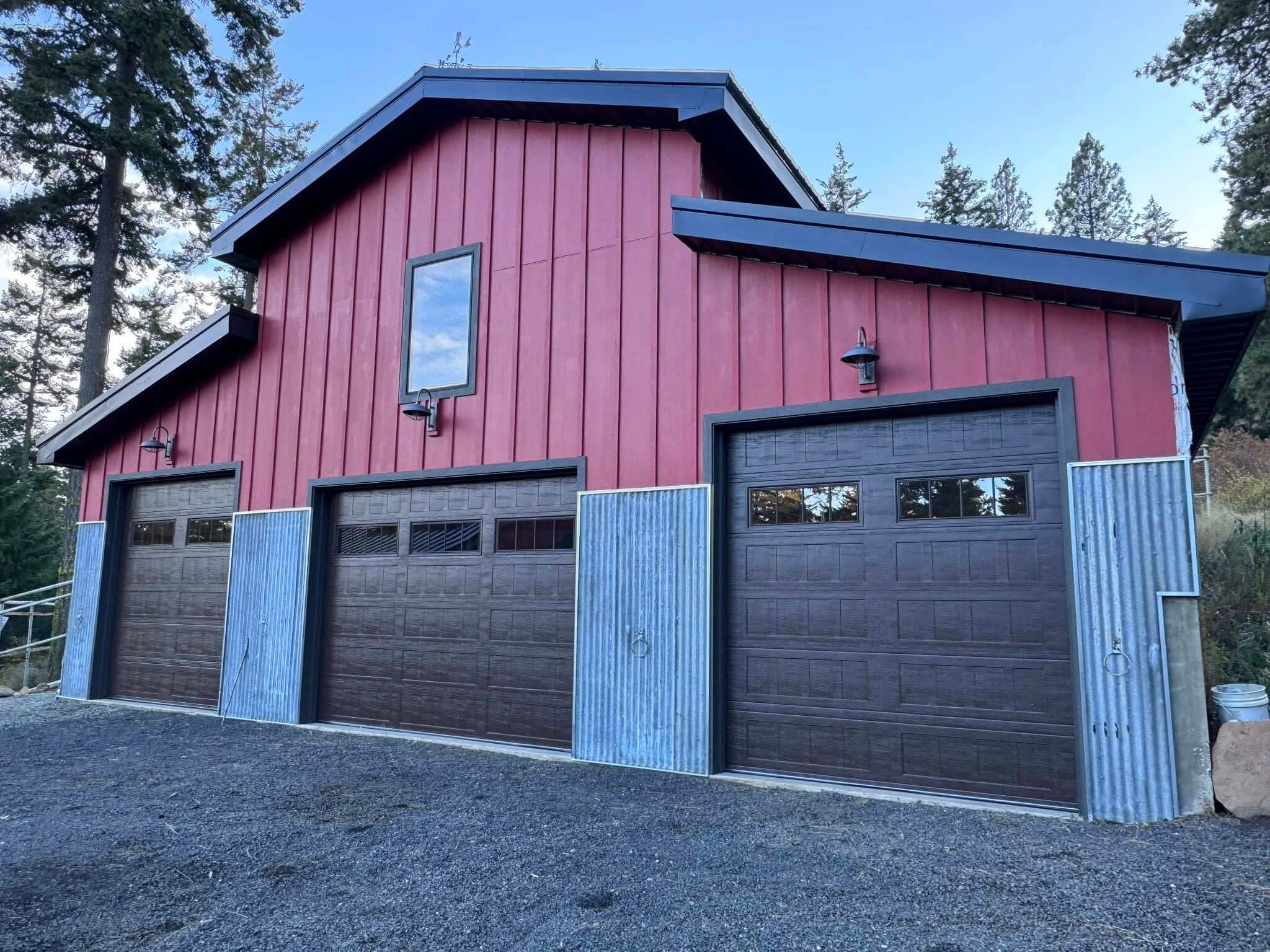 a red house with a garage door