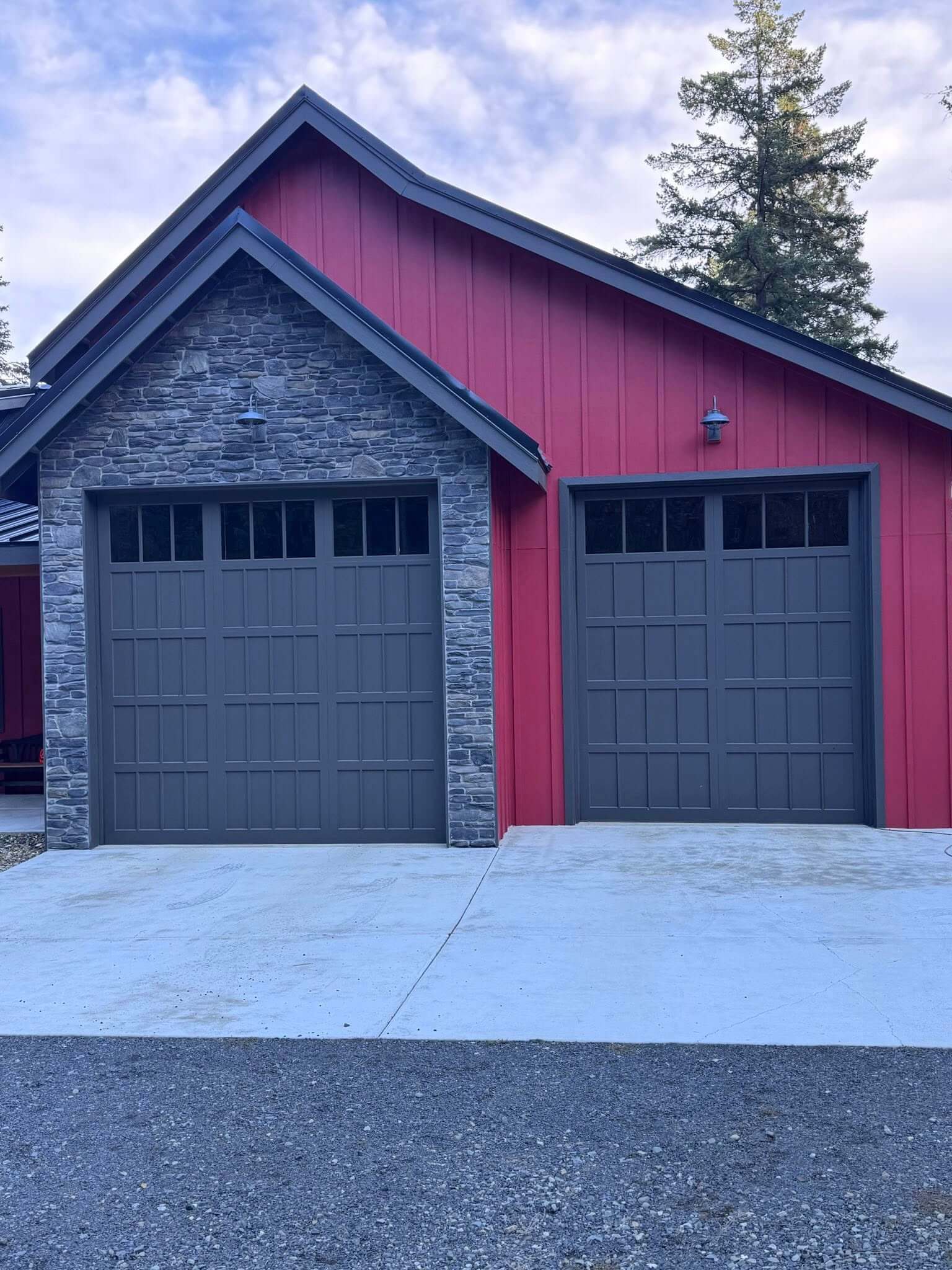 a red house with a garage door